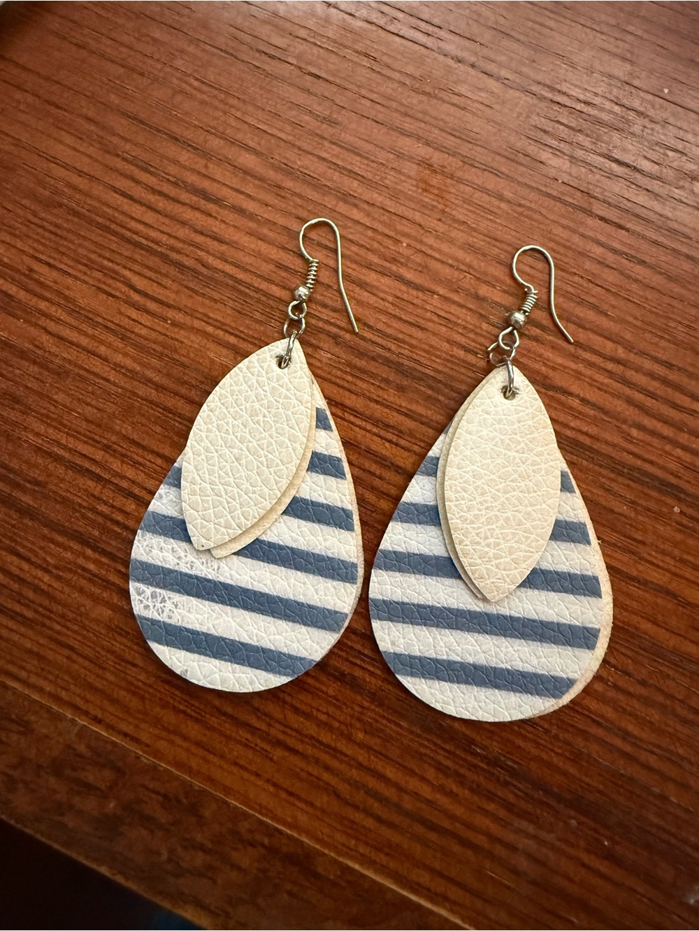 Striped Blue & Cream Teardrop Faux Leather Earrings